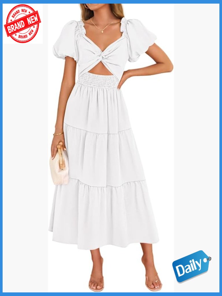 Flowy Short Puff Sleeve A-Line Smocked Maxi Dress Casual Beach